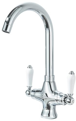 JUNSOTTOR Kitchen Sink Mixer Tap Elegant White Ceramic Dual Lever Monobloc Swivel Spout Chrome Kitchen Taps with UK Standard Fittings Chrome Deck Mounted
