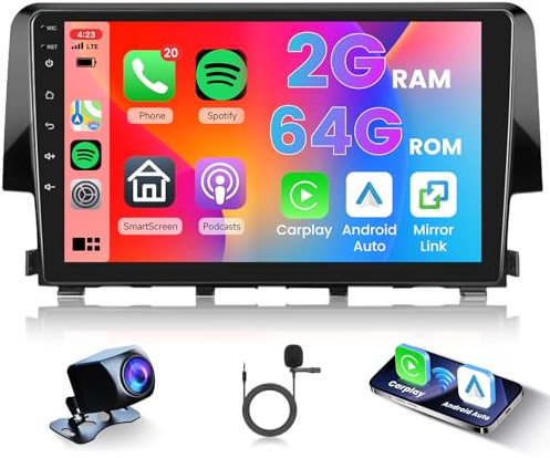 [2G+64G] Car Radio for Honda Civic 2016-2021 Android Car Stereo Carplay Wireless Android Auto, Hodozzy 9 inch Touch Screen with GPS/WiFi/Bluetooth, FM RDS, Mirror Link,Backup Camera