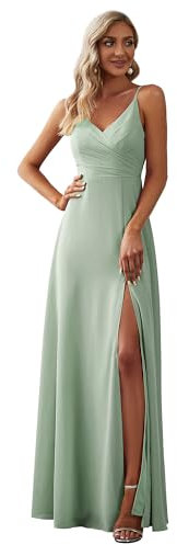Ever-Pretty Brautjungfernkleid Lang Damen Chiffon V-Ausschnitt mit Seitenschlitz Elegantes Abendkleid für Hochzeit Minzgrün 38