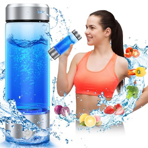 Roylvan Botella de Agua Hidrogenada, Botella con Filtrado de Agua Vidrio sin BPA, 450ml Generador Portátil de Agua de Hidrógeno Rica para Deporte, Hogar, Oficina, Viajes y Bebida Diaria, Plata