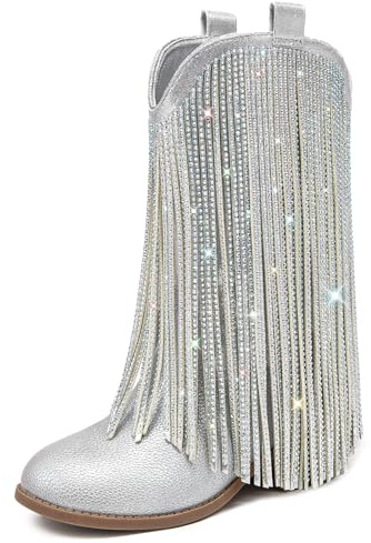 LAURMOSA Girls Cowgirl Boots for Girls Cowboy Fringe Boots Size 12 Rhinestone Silver Sparkly Tassel Cow Girl Western Kids Mid Calf Pointed Toe Little Girl Party Birthday Dance Dress (L1056PUSilver 12)