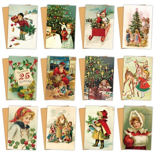 GmwyCzV 12 julkort med kuvertset, julkort, vintage fällbara kort, kort med kuvert, magi, julkort, kuvert, julkort, jultomte, barn, snö, skog