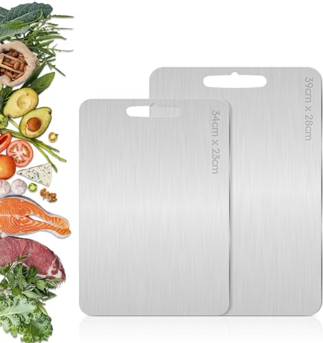 2 Pezzi Tagliere Acciaio Inox, Multifunzione Tagliere Cucina, per Uso Alimentare Su Entrambi I Lati, per Carne, Pane, Verdura e Frutta(39 * 28cm+34 * 23cm)