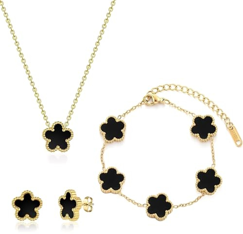 Bcenoilua Conjunto de Joyas de Trébol de Cuatro Hojas para Mujer y Niñas 18K Oro Plateado Acero Inoxidable Trébo Colgante Collar Pendientes Pulsera Delicado Ajustable Juego de Joyas