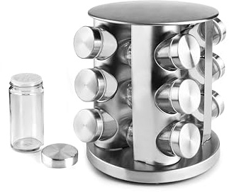 IBILI - Set med 12 kryddor + elegant roterande stativ, rostfritt stål, 18,5 x 21,5 cm