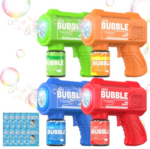 4 Pièces Pistolet à Bulles Automatique - Portable avec Lumières | 5000+ Bulles/Min,4 Solutions + 10 Recharges,Jouets bulles pour Enfants,Mariages,Anniversaires,Fêtes,Cadeau,Bubble Gun