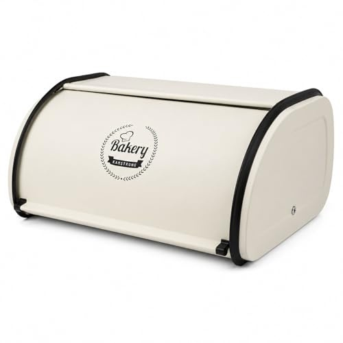jiuzcare Panera Metálica Blanca 10 L Aprox., Caja para Pan con Tapa Enrollable, Ventilación y Laterales Planos, para Pan de Molde, Bollos y Panecillos, para Cocina, Encimera, Mesa, Despensa y Hogar
