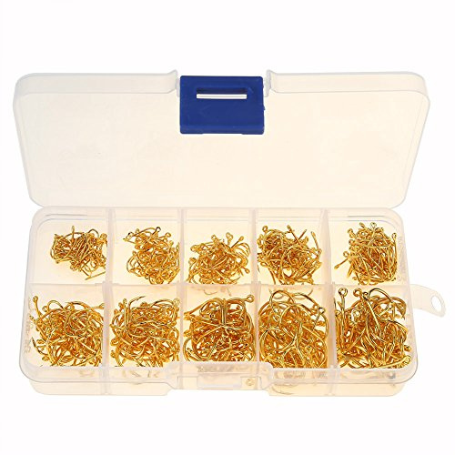 VGEBY 500Pcs Hameçons Crochets Barbelés de Pêche Kit 10 Tailles Set Crochets Agrafes de Poissons avec Barbillons en Acier avec Boîte de Rangement (Couleur : Or)
