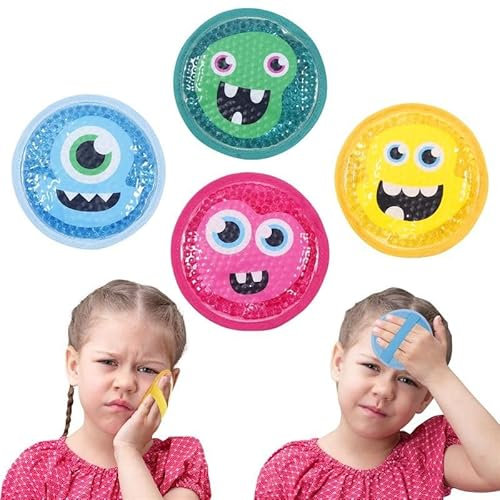 Magic Gel 4er Pack Kühlpack - 4x Kühlpads für Kinder - 4 Kühlpads aus Gel - 4er Set Kühlakku für Kinder - Monsterprint Kühlakkus mit Band - Kühlkissen - Coolpack