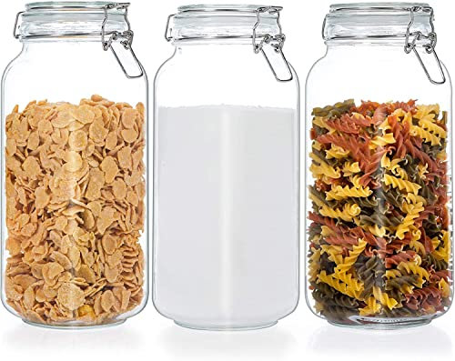MEETOZ 78oz Glass Food Storage Jars with Airtight Clamp Lids, 3 Pack Large Kitchen Canisters for Flour, Cereal, Coffee, Pasta and Canning, Square Mason Jars