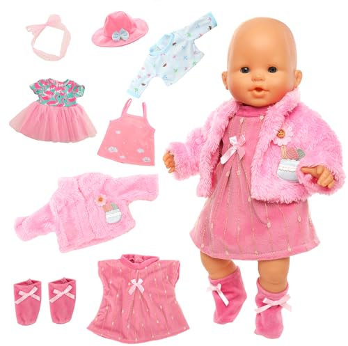 Miunana Kleidung Bekleidung Outfits für 14-17 Zoll Baby Puppen, Puppenkleidung Zubehör für 35-43 cm Neugeborene Baby Puppen Kinder Mädchen Geburtstag (Pink-3 Set)