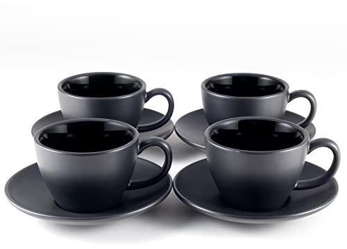 Hanseküche Cappuccino Tassen 4er Set (180 ml) aus Steingut - Hochwertige und dickwandige Kaffeetassen mit Untertassen - Edle Milchkaffeetassen (Schwarz)