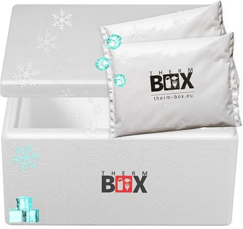 THERM-BOX Styroporbox 12W mit 2X Kühlakku für Kühlbox 12L Innen: 34x23x15cm Transportbox Thermobehälter Wiederverwendbar