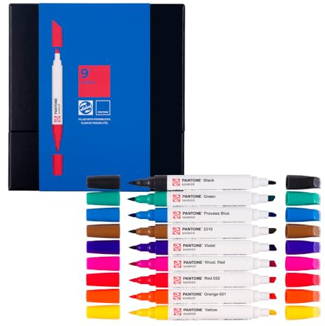 Talens | Pantone Set di 9 Marcatori Primary | Penna a Doppia Punta con Pennello e Punta a Scalpello | Inchiostro Pigmentato a Base d'Acqua nei Colori Pantone