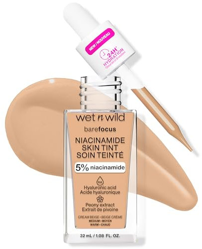 Wet n Wild Bare Focus Niacinamide Skin Tint, Leichte Foundation mit Aufbaubarer Formel, Angereichert mit Hyaluronsäure und Vitamin E für einen Strahlenden Look, Cream Beige