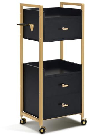 M MCombo Friseurwagen mit Rollen & 3 Schubladen, Rollwagen Servierwagen, Salon Trolley mit 2 Ablagen & Föhnhalter, Moderner Arbeitswagen für Bad Wohnzimmer, 30x40x95cm, 0022 (Schwarz-Gold)