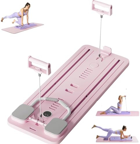 Foldable Pilates Reformer Board with Ab Roller, Ab Exercise Machine, Multi-Functional Pilates Board for Home Workouts, Full Body Pilates Core Trainer, Abdominal Board (Pink)