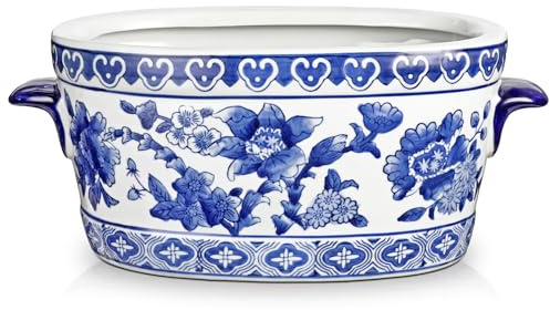 Arborus Blue and White Ceramic Planter Pot – Vintage Floral Oval Cachepot Vase for Indoor Plants, Flowers & Succulents – Glazed Chinese Porcelain Style Decorative Bowl –10.6 Size – No Drainage
