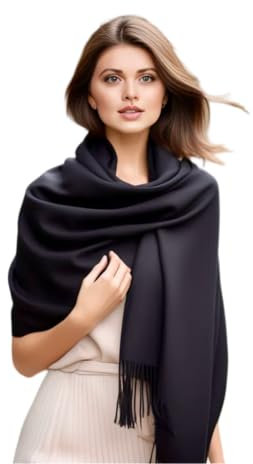 LA FERANI Damen Kaschmir Schal Halstuch dünn Herbbst Winter 200x70 Kaschmirschal Schwarz Stola stilvoll elegant Wollschal Wolle Uni Farbe Damenschal (Schwarz)