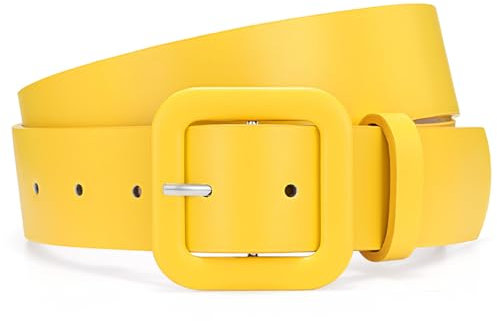 JasGood Damen Ledergürtel in Bonbonfarbe Breiter Leder Gürtel für Damen Taillengürtel mit Quadratischer Schnalle für Jeans Hosen Kleider,Gelb,110cm