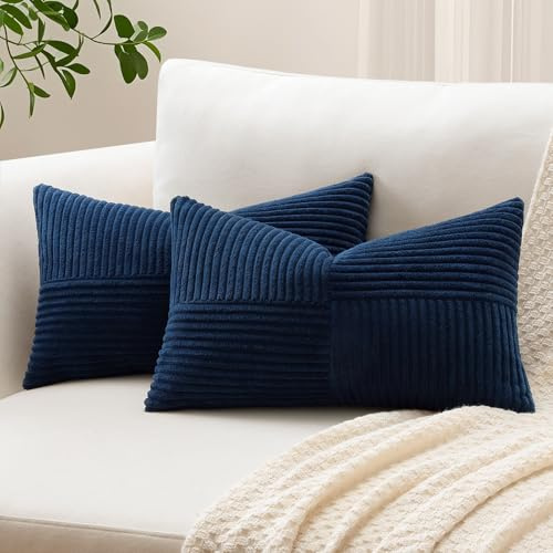 Sungeek Set of 2 Decorative Cushion Covers 30 x 50cm Soft Corduroy Striped Cross Patchwork Textured Pillow Covers Solid Lumbar Throw Pillow Cases for Sofa Bed Patio 12x20 Inch, Navy Blue