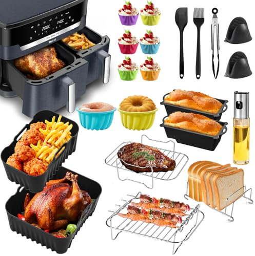 Accessoires pour friteuse à air chaud, Tefal Dual Easy Fry XXL, 11 l (6,5 l + 4,5 l), 21 accessoires Airfryer, en silicone, pour friteuse à air chaud Tefal EY942B, avec doublure en silicone
