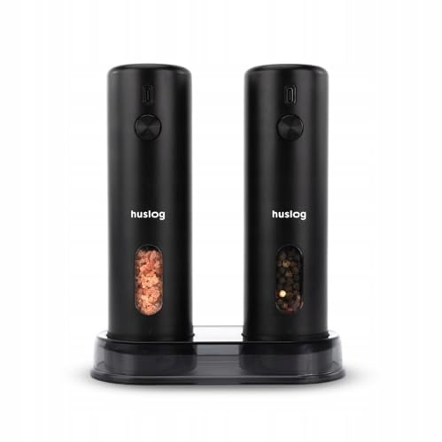 Huslog Macinasale e Pepe Elettrico con Luce LED durante la Macinatura, Ricaricabile USB-C, Grossolanità Regolabile, Contenitore 110 ml, Uso con Una Mano, con Base e Spazzola di Pulizia, Nero