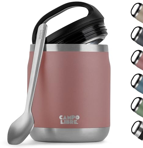 Campo Libre.® Lotta, Thermobehälter für Essen, Edelstahl Thermobecher Essen mit Löffel, Warmhaltebehälter Essen, Mueslicup oder Babybrei Warmhaltebox, Thermo-Essensbehälter, Pink, 600ml