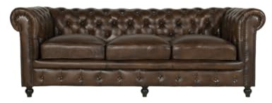 Viron Divano Chesterfield 3 Posti in Vera Pelle e Struttura in Legno Massello di Mango 210x80x74h cm Colore Marrone Decori Capitonné