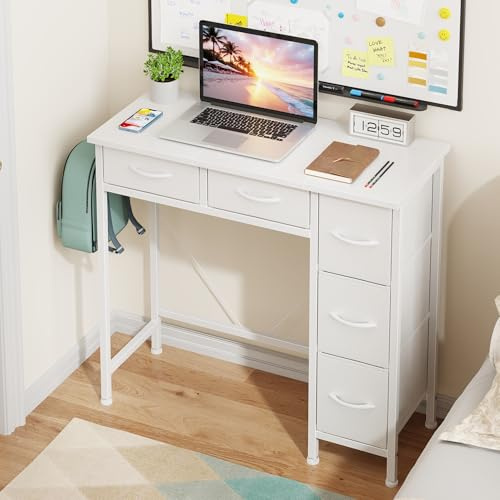 HIGDBFE Small Desk with 5 Fabric Drawers, 33 Inch Writing Desk for Home Office, Simple PC Desks for Small Place, Kids Girls Teen Study Table Vanity for Bedroom, Dorm, White, 14 D
