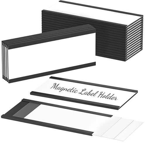 Portaetiquetas Magnéticas, 20pcs Magnéticas Titulares de Etiquetas con protectores de plástico transparente, Soportes de Tarjetas Datos para Estanterías Metálicas, pizarra blanca, 140x50mm