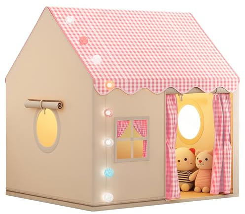 OUUTMEE Lektält 2-i-1 med matta barntält inomhus barntält lekhus inomhus tält barnrum lekhus för inredning av barnrum, rutat barntält (rosa)