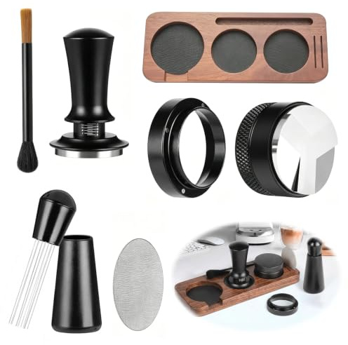 Zinueen Barista-accessoarer, 7-delad espresso-tämpningssats 51 mm med tämpningsstation, nål, dispenser, doseringsring 53 mm, puck-skärm och borste, 304 rostfritt stål