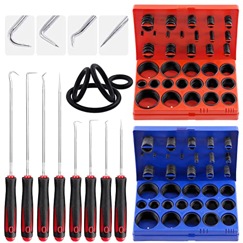 Glarks 834Pcs Metric & SAE O-Rings Assortment Kit Including 407Pcs SAE Rubber O-Rings, 419Pcs Metric O-Rings, 8Pcs Long and Short Picks and Hooks and 1pc Tool Bag for Plumbing, Gas, Automotive Repair