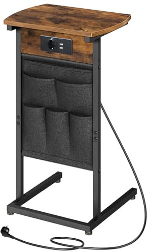 HOOBRO C-Form Beistelltisch mit Ladestation, Couchtisch mit gebogener Platte, Sofatisch mit Vliestaschen, Nachttisch für kleinen Raum, Vintagebraun und Schwarz EBF40CSF01