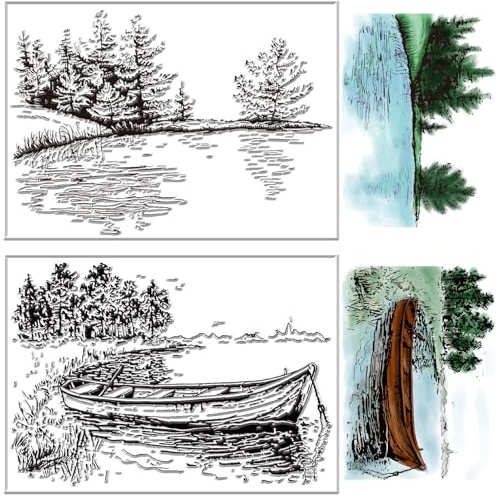 CRASPIRE Sello transparente de río, escena, bosque, árbol, barco, lago, planta, paisaje, paisaje, fondo, sellos de goma de silicona, sello para hacer tarjetas, diario, suministros decorativos de