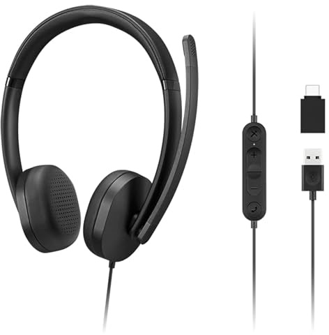Lenovo 115 USB-A/USB-C Wired Stereo Headset – Lightweight, Noise-Cancelling, in-Line Control Box, USB-A to USB-C Adapter, Over-Ear Design, Headset with Mic for PC and Laptop, Black