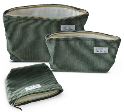 HAPPYHEIDI Corduroy Makeup Bag Set 3 Cosmetic Toiletry Travel Pouch Organizer for Purse Tote, Women Girls Gift, Large Medium Small, Solid Sage Green