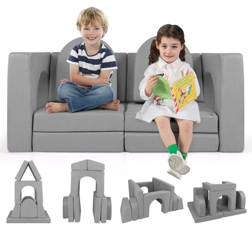 GYMAX 8-Piece Kids Play Sofa Set, Convertible Toddler Couch with Washable Covers, Modular Foam Couch for Playroom Bedroom, Children Soft Foam Building Blocks for Playing Creativing