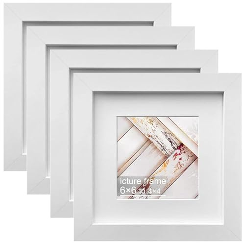 Dwitkul 4er Set Bilderrahmen 15x15cm Weiß Quadratisch Fotorahmen Holz Bilder Rahmen Collage Holzrahmen mit Passepartout Holzbilderrahmen Picture Frame für Wand oder Tischaufsteller