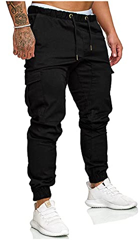 SOMTHRON Hombre Cinturón de Cintura elástico Pantalones de chándal de algodón Largo Jogging Pantalones de Carga Deportiva de Talla Grande Pantalones Cortos con Bolsillos Pantalones (BL-M)