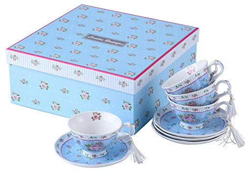 London Boutique Tea cup and Saucer set 4 Afternoon Tea Set Shabby Chic Vintage porcelain Bird Butterfly Flora Gift Box (Rose Blue)