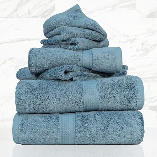 Superior Solid Egyptian Cotton Towel Set, Washcloths 13 x 13 Inches, Hand Towels 20 x 30 Inches, Bath Towels 30 x 55 Inches, Denim Blue, 6 Pieces
