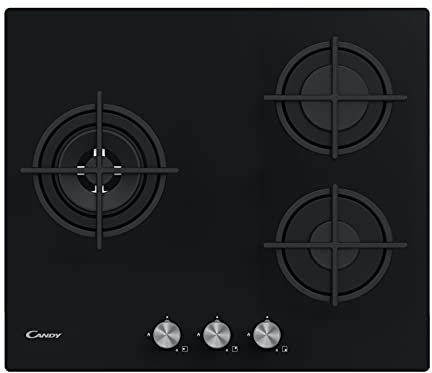 CANDY New Timeless CSG63B4PB, Piastra Gas di Cristallo, 3 Fuochi, 60 cm, Gas Naturale adattabile a Gas Butano, 7,7 KW, 3 Griglie adatte alla lavastoviglie, Valvola Sicurflame, Nero