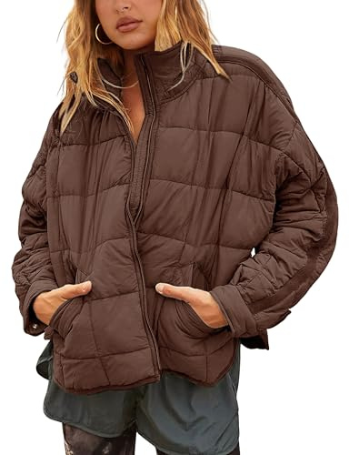 Bianstore Women's Oversized Splice Quilted Lightweight Puffer Jacket Casual Padded Coat(Coffee-M)