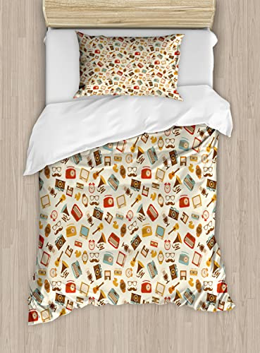 Ambesonne Vintage Duvet Cover Sets, Retro Pattern Old Fashioned Alarm Clock Typewriter Gramophone Radio Cassette, Bedding Set with 2 Duvet Covers & 4 Pillowcases, 2 Pack Queen Size, Multicolor
