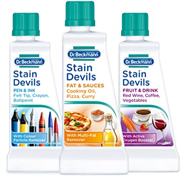 Dr. Beckmann Stain Devil - Outdoor Stains Solution | Pen & Ink Stains 1 x 50 ml | Antiperspirant & Sweat Mark Remover 1 x50 ml | Lubricant & Grease 1 x 50 ml)