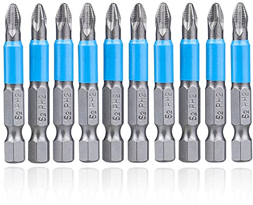 Mesee Jeu de 10 Embouts de Tournevis à Percussion Antidérapant 50mm Embout de Tournevis à Tête Cruciforme PH2 Magnétique Embout à Tige Hexagonale Bit Set pour Perceuse et Tournevis Électrique