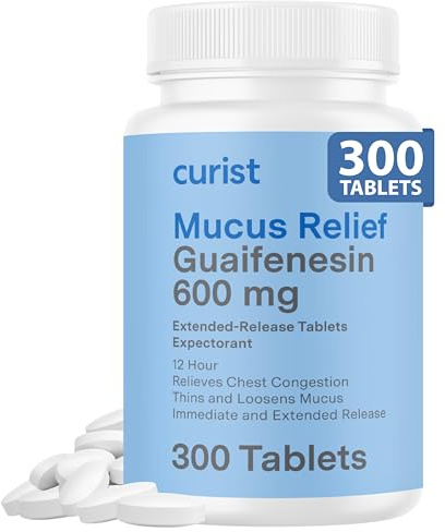 Curist Guaifenesin 600 mg Extended Release Tablets (300 Dye-Free Tablets) - Expectorant Mucus Relief, Generic Guaifenesin 600 mg, (Bulk Pack)