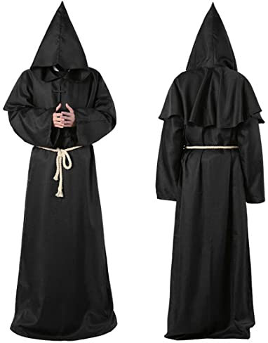 Wishstar Mönch Robe, L Mittelalterliche Renaissance Robe, Kostüm Mönch mit Kapuze und Kordel, Schwarz Männer Prister Gewand Kostüm mit Kreuz für Mottoparty Halloween Cosplay Karneval und Fasching